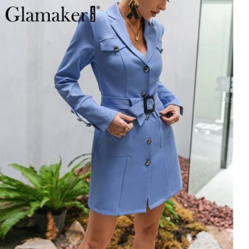Glamaker Blue fashion spring summer mini blazer dress Office ladies button decoration slim straight sexy dress with belt 2021new